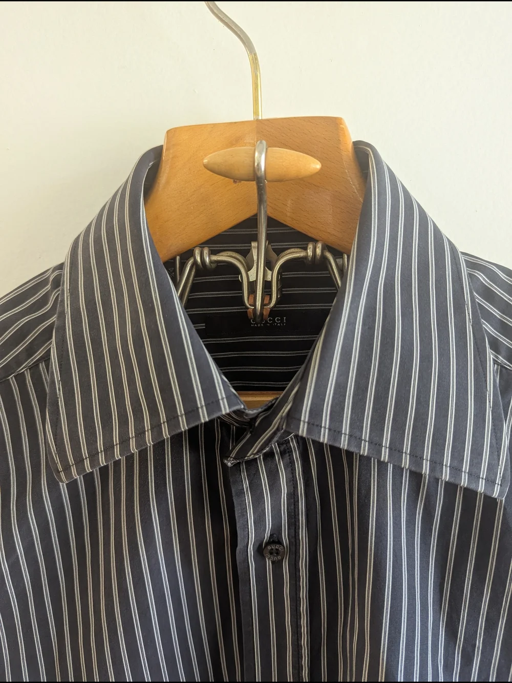 Gucci Men's Striped Dress Shirt Size 41 16 Charcoal Black White Made In Italy
